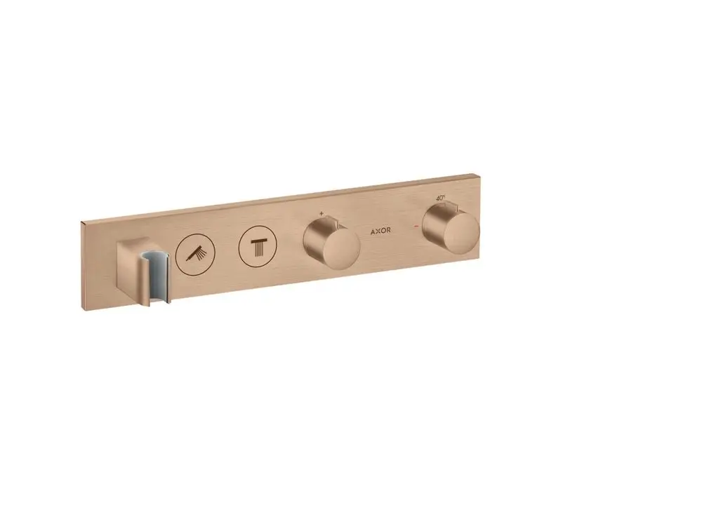 Thermostatmodul von AXOR für die Dusche, mit Steuerung für zwei Verbraucher. Enthält Drehknöpfe zur Temperatureinstellung und Wasserdruckregulierung.